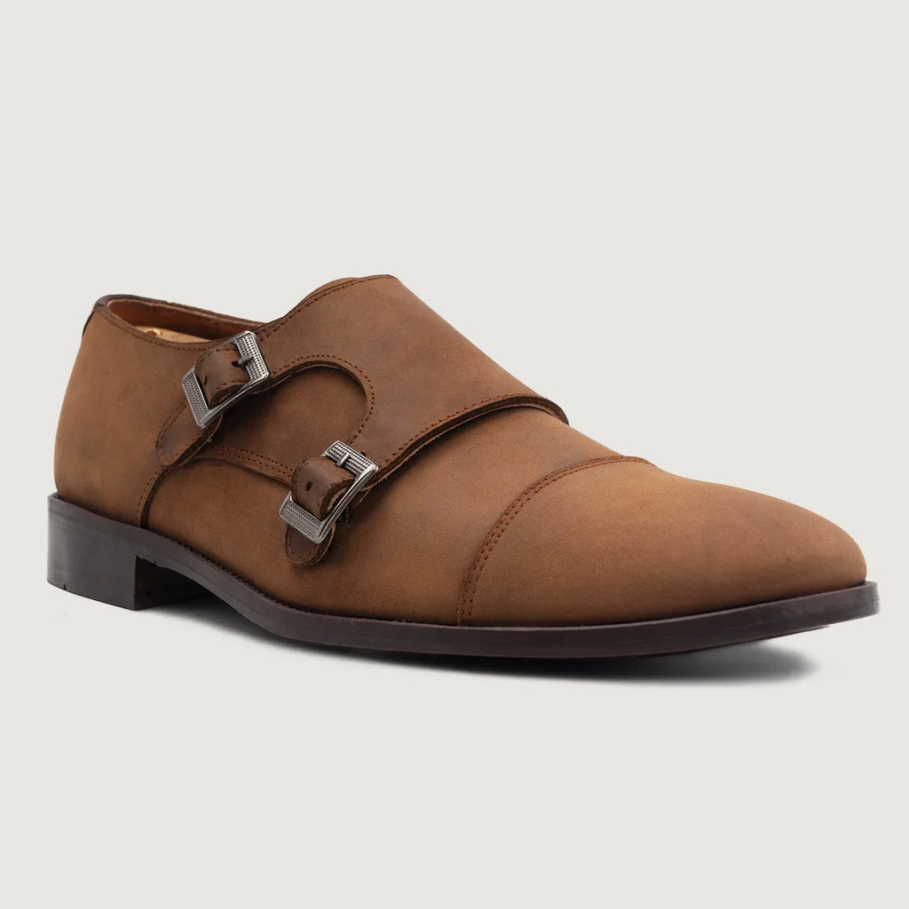 Boston Double Monk Strap Oil Pull-up Brown Leather Shoes
