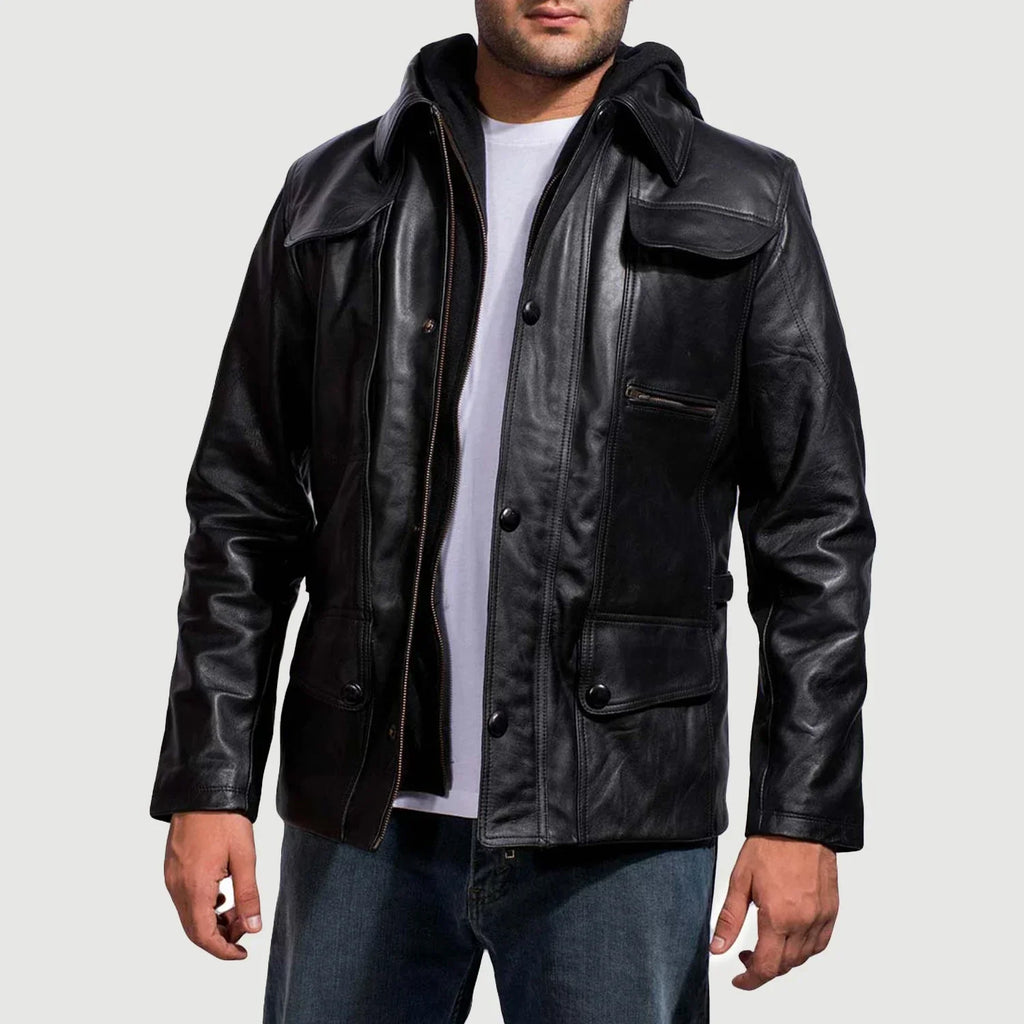 Moulder Hooded Black Leather Jacket