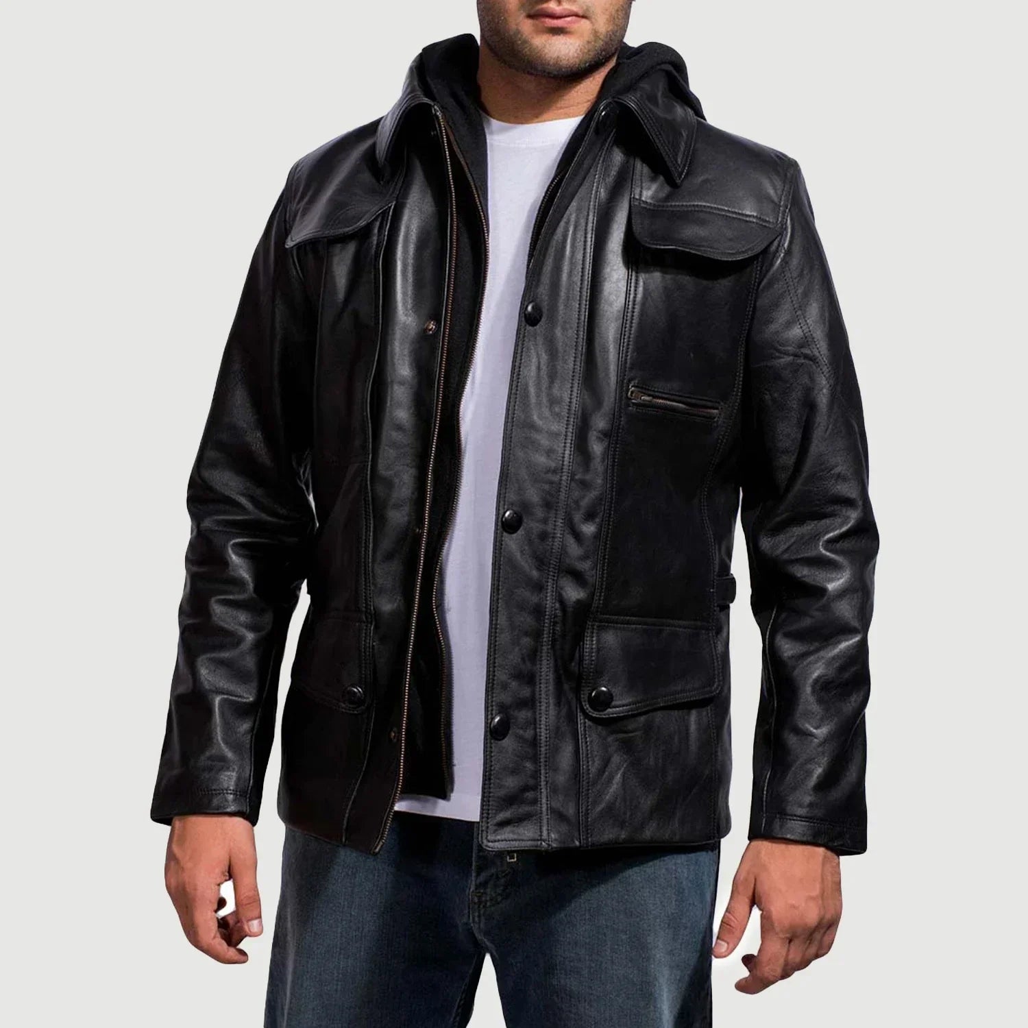 Moulder Hooded Black Leather Jacket