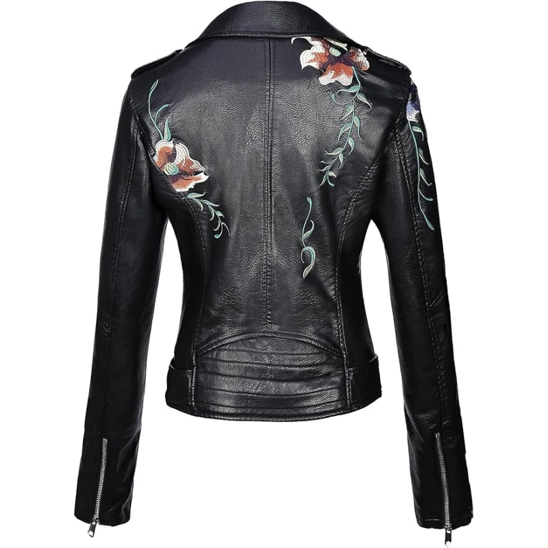 Women's Studded Faux Leather Jacket with Floral Design