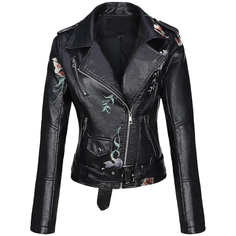 Women's Studded Faux Leather Jacket with Floral Design
