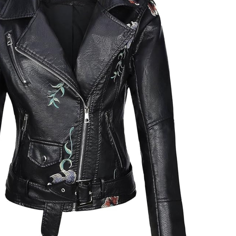 Women's Studded Faux Leather Jacket with Floral Design