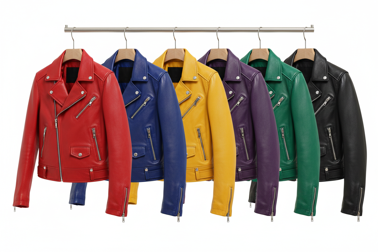 Colorful leather jackets side by side